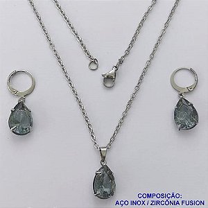 CONJUNTO EM AÇO INOXIDÁVEL - (AÇO03) CONJUNTO COM CORRENTE 50CM E BRINCOS ARGOLAS DE PRESSÃO COM PINGENTES EM ZIRCÔNIAS CINZAS FUSION 10X14MM - COMPOSIÇÃO: AÇO INOXIDÁVEL - AÇO1646