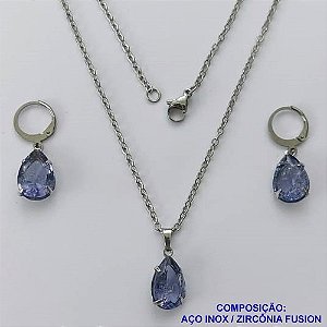 CONJUNTO EM AÇO INOXIDÁVEL - (AÇO03) CONJUNTO COM CORRENTE 50CM E BRINCOS ARGOLAS DE PRESSÃO COM PINGENTES EM ZIRCÔNIAS LILÁS FUSION 10X14MM - COMPOSIÇÃO: AÇO INOXIDÁVEL - AÇO1647