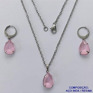 CONJUNTO EM AÇO INOXIDÁVEL - (AÇO03) CONJUNTO COM CORRENTE 50CM E BRINCOS ARGOLAS DE PRESSÃO COM PINGENTES EM RESINA ROSA 10X14MM - COMPOSIÇÃO: AÇO INOXIDÁVEL - AÇO1649