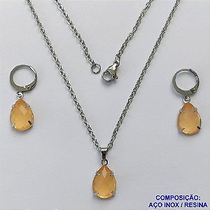 CONJUNTO EM AÇO INOXIDÁVEL - (AÇO03) CONJUNTO COM CORRENTE 50CM E BRINCOS ARGOLAS DE PRESSÃO COM PINGENTES EM RESINAS SALMÃO 10X14MM - COMPOSIÇÃO: AÇO INOXIDÁVEL - AÇO1652