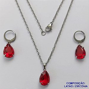 CONJUNTO EM AÇO INOXIDÁVEL - (AÇO03) CONJUNTO COM CORRENTE 50CM E BRINCOS ARGOLAS DE PRESSÃO COM PINGENTES EM ZIRCÔNIAS VERMELHAS 10X14MM - COMPOSIÇÃO: AÇO INOXIDÁVEL - AÇO1657