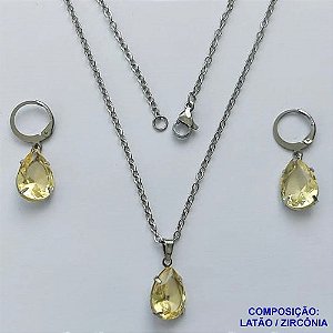 CONJUNTO EM AÇO INOXIDÁVEL - (AÇO03) CONJUNTO COM CORRENTE 50CM E BRINCOS ARGOLAS DE PRESSÃO COM PINGENTES EM ZIRCÔNIAS AMARELA 10X14MM - COMPOSIÇÃO: AÇO INOXIDÁVEL - AÇO1658