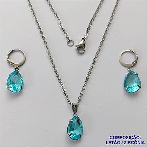 CONJUNTO EM AÇO INOXIDÁVEL - (AÇO03) CONJUNTO COM CORRENTE 50CM E BRINCOS ARGOLAS DE PRESSÃO COM PINGENTES EM ZIRCÔNIAS AZUÍS CLARAS  10X14MM - COMPOSIÇÃO: AÇO INOXIDÁVEL - AÇO1659
