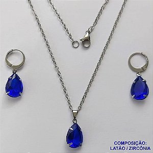 CONJUNTO EM AÇO INOXIDÁVEL - (AÇO03) CONJUNTO COM CORRENTE 50CM E BRINCOS ARGOLAS DE PRESSÃO COM PINGENTES EM ZIRCÔNIAS AZUÍS ESCUROS  10X14MM - COMPOSIÇÃO: AÇO INOXIDÁVEL - AÇO1660