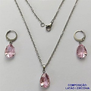 CONJUNTO EM AÇO INOXIDÁVEL - (AÇO03) CONJUNTO COM CORRENTE 50CM E BRINCOS ARGOLAS DE PRESSÃO COM PINGENTES EM ZIRCÔNIAS ROSAS  10X14MM - COMPOSIÇÃO: AÇO INOXIDÁVEL - AÇO1661