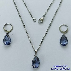 CONJUNTO EM AÇO INOXIDÁVEL - (AÇO03) CONJUNTO COM CORRENTE 50CM E BRINCOS ARGOLAS DE PRESSÃO COM PINGENTES EM ZIRCÔNIAS LILÁS  10X14MM - COMPOSIÇÃO: AÇO INOXIDÁVEL - AÇO1662