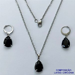 CONJUNTO EM AÇO INOXIDÁVEL - (AÇO03) CONJUNTO COM CORRENTE 50CM E BRINCOS ARGOLAS DE PRESSÃO COM PINGENTES EM ZIRCÔNIAS PRETAS  10X14MM - COMPOSIÇÃO: AÇO INOXIDÁVEL - AÇO1663