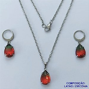 CONJUNTO EM AÇO INOXIDÁVEL - (AÇO03) CONJUNTO COM CORRENTE 50CM E BRINCOS ARGOLAS DE PRESSÃO COM PINGENTES EM ZIRCÔNIAS RAINBOW 10X14MM - COMPOSIÇÃO: AÇO INOXIDÁVEL - AÇO1664