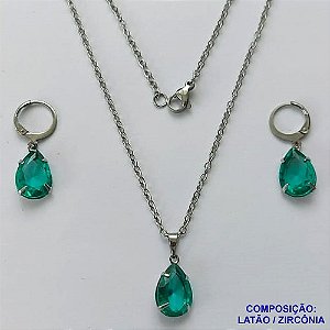 CONJUNTO EM AÇO INOXIDÁVEL - (AÇO03) CONJUNTO COM CORRENTE 50CM E BRINCOS ARGOLAS DE PRESSÃO COM PINGENTES EM ZIRCÔNIAS VERDES 10X14MM - COMPOSIÇÃO: AÇO INOXIDÁVEL - AÇO1665