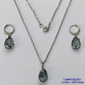 CONJUNTO EM AÇO INOXIDÁVEL - (AÇO03) CONJUNTO COM CORRENTE 50CM E BRINCOS ARGOLAS DE PRESSÃO COM PINGENTES EM ZIRCÔNIAS CINZAS 10X14MM - COMPOSIÇÃO: AÇO INOXIDÁVEL - AÇO1666
