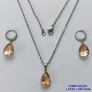 CONJUNTO EM AÇO INOXIDÁVEL - (AÇO03) CONJUNTO COM CORRENTE 50CM E BRINCOS ARGOLAS DE PRESSÃO COM PINGENTES EM ZIRCÔNIAS SALMÃO 10X14MM - COMPOSIÇÃO: AÇO INOXIDÁVEL - AÇO1667