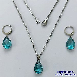 CONJUNTO EM AÇO INOXIDÁVEL - (AÇO03) CONJUNTO COM CORRENTE 50CM E BRINCOS ARGOLAS DE PRESSÃO COM PINGENTES EM ZIRCÔNIAS AZUÍS 10X14MM - COMPOSIÇÃO: AÇO INOXIDÁVEL - AÇO1668