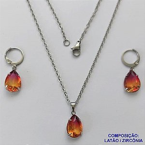 CONJUNTO EM AÇO INOXIDÁVEL - (AÇO03) CONJUNTO COM CORRENTE 50CM E BRINCOS ARGOLAS DE PRESSÃO COM PINGENTES EM ZIRCÔNIAS LARANJA COM ROSA 10X14MM - COMPOSIÇÃO: AÇO INOXIDÁVEL - AÇO1670