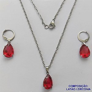 CONJUNTO EM AÇO INOXIDÁVEL - (AÇO03) CONJUNTO COM CORRENTE 50CM E BRINCOS ARGOLAS DE PRESSÃO COM PINGENTES EM ZIRCÔNIAS VERMELHAS 10X14MM - COMPOSIÇÃO: AÇO INOXIDÁVEL - AÇO1672