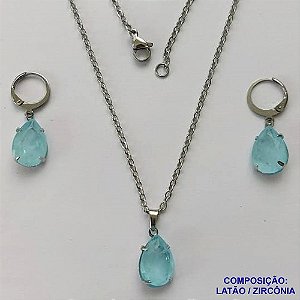 CONJUNTO EM AÇO INOXIDÁVEL - (AÇO03) CONJUNTO COM CORRENTE 50CM E BRINCOS ARGOLAS DE PRESSÃO COM PINGENTES EM ZIRCÔNIAS AZUÍS 10X14MM - COMPOSIÇÃO: AÇO INOXIDÁVEL - AÇO1673