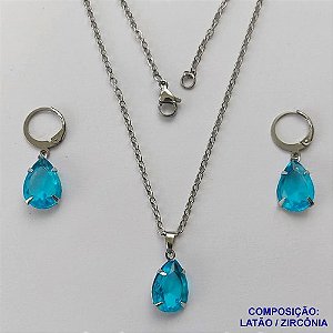 CONJUNTO EM AÇO INOXIDÁVEL - (AÇO03) CONJUNTO COM CORRENTE 50CM E BRINCOS ARGOLAS DE PRESSÃO COM PINGENTES EM ZIRCÔNIAS AZUÍS  10X14MM - COMPOSIÇÃO: AÇO INOXIDÁVEL - AÇO1674