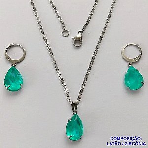 CONJUNTO EM AÇO INOXIDÁVEL - (AÇO03) CONJUNTO COM CORRENTE 50CM E BRINCOS ARGOLAS DE PRESSÃO COM PINGENTES EM ZIRCÔNIAS VERDES 10X14MM - COMPOSIÇÃO: AÇO INOXIDÁVEL - AÇO1675