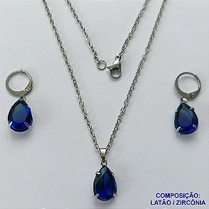 CONJUNTO EM AÇO INOXIDÁVEL - (AÇO03) CONJUNTO COM CORRENTE 50CM E BRINCOS ARGOLAS DE PRESSÃO COM PINGENTES EM ZIRCÔNIAS AZUÍS ESCUROS 10X14MM - COMPOSIÇÃO: AÇO INOXIDÁVEL - AÇO1676