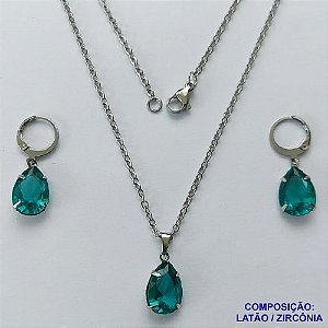CONJUNTO EM AÇO INOXIDÁVEL - (AÇO03) CONJUNTO COM CORRENTE 50CM E BRINCOS ARGOLAS DE PRESSÃO COM PINGENTES EM ZIRCÔNIAS VERDES ESCUROS 10X14MM - COMPOSIÇÃO: AÇO INOXIDÁVEL - AÇO1677