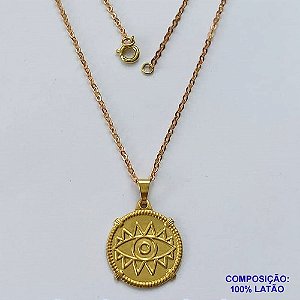 GARGANTILHA NO BRUTO PRONTA PARA O BANHO(CX100) COM CORRENTE CADEADO DE 45CM (4687) PINGENTE REDONDO 20MM C/ OLHO GREGO PESO TOTAL 3.6GR - BRU13936
