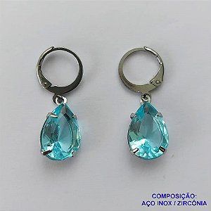 BRINCO EM AÇO INOXIDÁVEL -  BRINCOS ARGOLAS DE PRESSÃO COM PINGENTES EM ZIRCÔNIAS AZUIS CLARAS 10X14MM - COMPOSIÇÃO: AÇO INOXIDÁVEL - AÇO1684