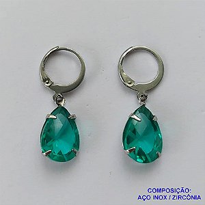 BRINCO EM AÇO INOXIDÁVEL -  BRINCOS ARGOLAS DE PRESSÃO COM PINGENTES EM ZIRCÔNIAS VERDES CLARAS 10X14MM - COMPOSIÇÃO: AÇO INOXIDÁVEL - AÇO1685
