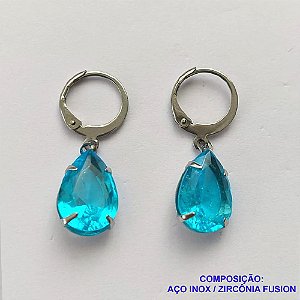 BRINCO EM AÇO INOXIDÁVEL - BRINCOS ARGOLAS DE PRESSÃO COM PINGENTES EM ZIRCÔNIAS FUSION AZUIS 10X14MM - COMPOSIÇÃO: AÇO INOXIDÁVEL - AÇO1692