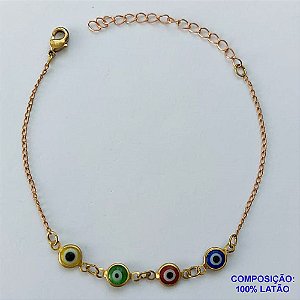 PULSEIRA NO BRUTO PRONTO PARA O BANHO - (CX100) PULSEIRA COM OLHOS GREGOS COLORIDOS - TAMANHO 18CM - PESO 1,7GR - COM EXTENSOR E FECHO LAGOSTA - BRU13955