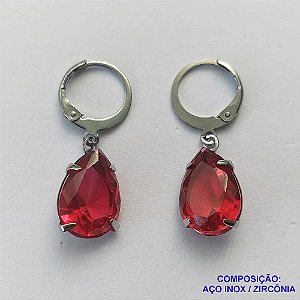 BRINCO EM AÇO INOXIDÁVEL - BRINCOS ARGOLAS DE PRESSÃO COM PINGENTES EM ZIRCÔNIAS VERMELHOS 10X14MM - COMPOSIÇÃO: AÇO INOXIDÁVEL - AÇO1710