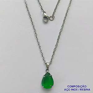 GARGANTILHA EM AÇO INOXIDÁVEL - (AÇO03) CORRENTE 50CM COM FECHO LAGOSTA E PINGENTE EM RESINA VERDES 10X14MM - COMPOSIÇÃO: AÇO INOXIDÁVEL - AÇO1719