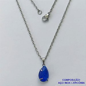 GARGANTILHA EM AÇO INOXIDÁVEL - (AÇO03) CORRENTE 50CM COM FECHO LAGOSTA E PINGENTE EM ZIRCÔNIA FUSION AZUL 10X14MM - COMPOSIÇÃO: AÇO INOXIDÁVEL - AÇO1728