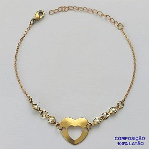 PULSEIRA NO BRUTO PRONTO PARA O BANHO - (CX.50)  PULSEIRA COM PÉROLAS E CORAÇÃO VAZADOS - TAMANHO 18CM - PESO 1.9GR - COM EXTENSOR E FECHO LAGOSTA - BRU13969