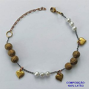 PULSEIRA NO BRUTO PRONTO PARA O BANHO(CX101) - PULSEIRA COM PÉROLAS BARROCAS, CORAÇÕES E BOLINHAS COM BRILHOS - TAMANHO 18CM - PESO 4,7GR - COM EXTENSOR E FECHO LAGOSTA - BRU13980