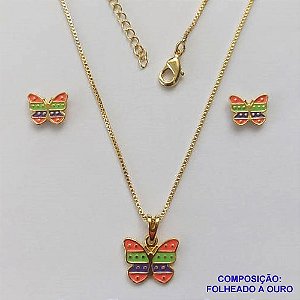 CONJUNTO FOLHEADO A OURO(CJL418) - BANHADO COM 5 MILÉSIMOS + VERNIZ DIAMOND - CONJUNTO INFANTIL COM CORRENTE VENEZIANA 45CM E BRINCOS DE PINO COM PINGENTES DE BORBOLETA 8MM - OURO240