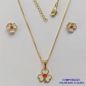 CONJUNTO FOLHEADO A OURO(CJI288) - BANHADO COM 5 MILÉSIMOS + VERNIZ DIAMOND - CONJUNTO INFANTIL COM CORRENTE VENEZIANA 45CM E BRINCOS DE PINO COM PINGENTES DE FLORZINHA- OURO260