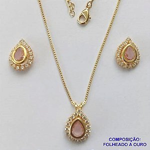 CONJUNTO FOLHEADO A OURO(CJB243) - BANHADO COM 5 MILÉSIMOS + VERNIZ DIAMOND - CONJUNTO COM CORRENTE VENEZIANA 45CM E BRINCOS DE PINO CRAVEJADO COM MICRO ZIRCÔNIAS E ZIRCÔNIA ROSA 10MM- OURO261
