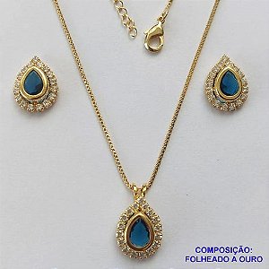 CONJUNTO FOLHEADO A OURO(CJB243) - BANHADO COM 5 MILÉSIMOS + VERNIZ DIAMOND - CONJUNTO COM CORRENTE VENEZIANA 45CM E BRINCOS DE PINO CRAVEJADO COM MICRO ZIRCÔNIAS E ZIRCÔNIA AZUL 10MM- OURO262