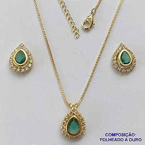 CONJUNTO FOLHEADO A OURO(CJB243) - BANHADO COM 5 MILÉSIMOS + VERNIZ DIAMOND - CONJUNTO COM CORRENTE VENEZIANA 45CM E BRINCOS DE PINO CRAVEJADO COM MICRO ZIRCÔNIAS E ZIRCÔNIA AZUL CLARO 10MM- OURO263
