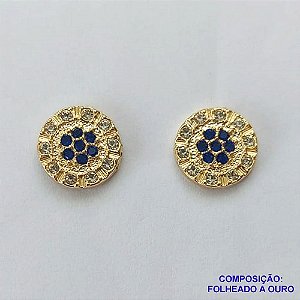 BRINCO FOLHEADO A OURO - BANHADO COM 5 MILÉSIMOS + VERNIZ DIAMOND -  BRINCO DE PINO REDONDO COM MICRO ZIRCÔNIAS 13MM - OURO271