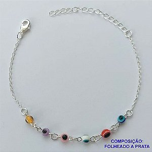PULSEIRA FOLHEADA A PRATA COM 50 MILÉSIMOS + VERNIZ DIAMOND - PULSEIRA COM OLHOS GREGOS COLORIDOS  - TAMANHO: 15CM + EXTENSOR E  FECHO LAGOSTA PRA098