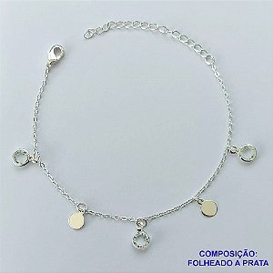 PULSEIRA FOLHEADA A PRATA COM 50 MILÉSIMOS + VERNIZ DIAMOND - PULSEIRA COM PEDRAS CRISTAIS E BOLINHAS LISAS - TAMANHO: 16CM + EXTENSOR E  FECHO LAGOSTA PRA100