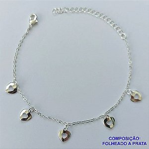 PULSEIRA FOLHEADA A PRATA COM 50 MILÉSIMOS + VERNIZ DIAMOND - PULSEIRA COM CORAÇÕES VAZADOS  - TAMANHO: 16CM + EXTENSOR E  FECHO LAGOSTA PRA101