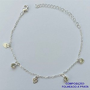 PULSEIRA FOLHEADA A PRATA COM 50 MILÉSIMOS + VERNIZ DIAMOND - PULSEIRA COM CORAÇÕES E STRASS  - TAMANHO: 16CM + EXTENSOR E  FECHO LAGOSTA (PRA102)