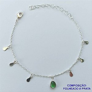 PULSEIRA FOLHEADA A PRATA COM 50 MILÉSIMOS + VERNIZ DIAMOND - PULSEIRA COM GOTAS E PEDRA CRISTAL VERDE  - TAMANHO: 16CM + EXTENSOR E  FECHO LAGOSTA PRA103