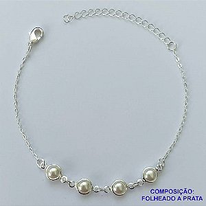 PULSEIRA FOLHEADA A PRATA COM 50 MILÉSIMOS + VERNIZ DIAMOND - PULSEIRA COM BOLINHAS EM PÉROLAS  - TAMANHO: 16CM + EXTENSOR E  FECHO LAGOSTA PRA104