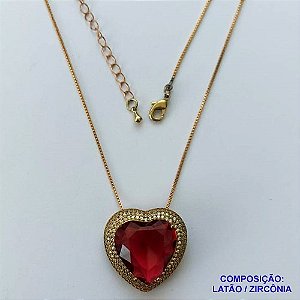 GARGANTILHA NO BRUTO PRONTA PARA O BANHO(CX101) CORRENTE VENEZIANA DE 45CM  PEDRA DE ZIRCÔNIA VERMELHA FORMATO CORAÇÃO E MICRO ZIRCÔNIAS 24MM  - PESO TOTAL 9,5GR  - BRU13988