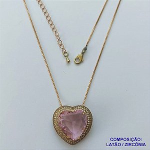 GARGANTILHA NO BRUTO PRONTA PARA O BANHO(CX101) CORRENTE VENEZIANA DE 45CM  PEDRA DE ZIRCÔNIA ROSA CLARA FORMATO CORAÇÃO E MICRO ZIRCÔNIAS 24MM  - PESO TOTAL 9,5GR  - BRU13989