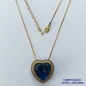 GARGANTILHA NO BRUTO PRONTA PARA O BANHO(CX101) CORRENTE VENEZIANA DE 45CM  PEDRA DE ZIRCÔNIA AZUL ESCURO FORMATO CORAÇÃO E MICRO ZIRCÔNIAS 24MM  - PESO TOTAL 9,5GR  - BRU13990