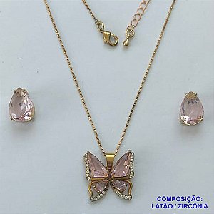CONJUNTO NO BRUTO PRONTO PARA O BANHO(CX101) - CONJUNTO COM CORRENTE VENEZIANA 45CM + EXTENSOR COM PINGENTE BORBOLETA ROSA CRAVEJADA EM MICROS ZIRCÔNIAS - PESO TOTAL 8,4GR - BRU13997
