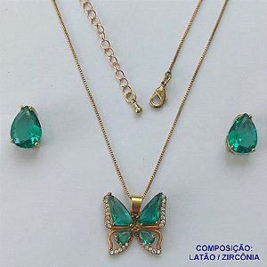 CONJUNTO NO BRUTO PRONTO PARA O BANHO(CX101)- CONJUNTO COM CORRENTE VENEZIANA 45CM + EXTENSOR COM PINGENTE BORBOLETA VERDE CRAVEJADA EM MICROS ZIRCÔNIAS - PESO TOTAL 8,4GR - BRU13998